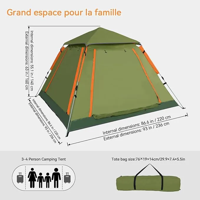 YUSING Instant Tents for Camping Pop Up Tent, Family Camping Tent for 4 Person, Pop Up Tent with Vestibule and Mesh Windows, UPF 50 