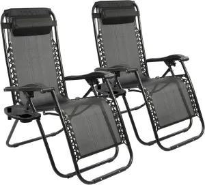 Zero Gravity Chair Set of 2 with Cup Holder & Removable Pillows, Adjustable Reclining Outdoor Patio Folding Chairs Portable Lounge Chair Furniture for Poolside, Lawn, Beach, Camping, Black