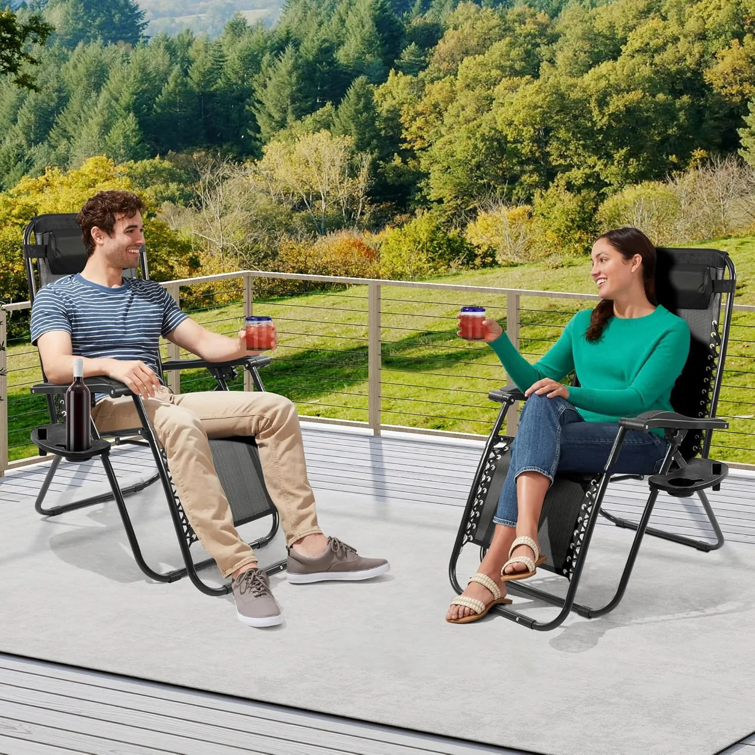 Zero Gravity Chair Set of 2 with Cup Holder & Removable Pillows, Adjustable Reclining Outdoor Patio Folding Chairs Portable Lounge Chair Furniture for Poolside, Lawn, Beach, Camping, Black