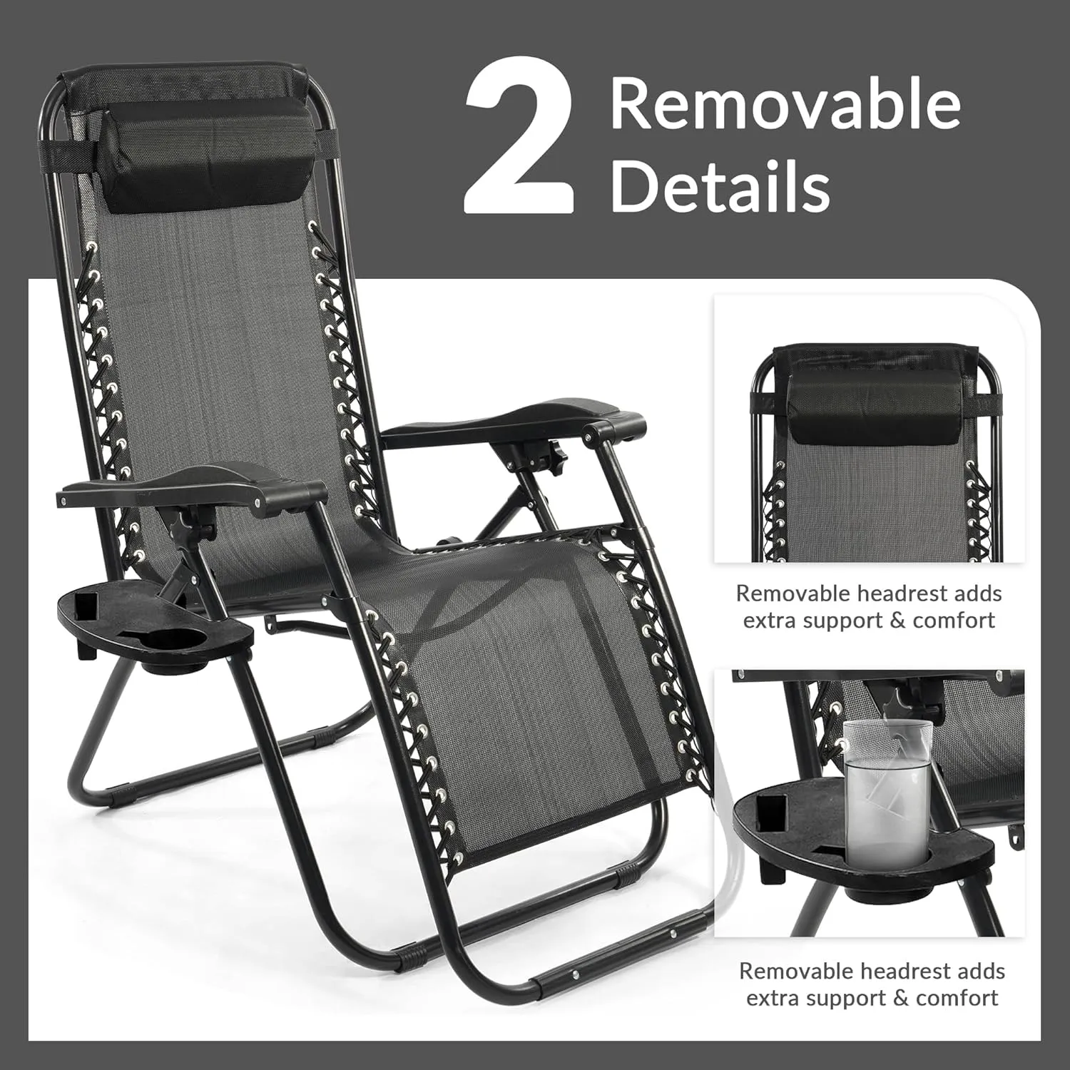 Zero Gravity Chair Set of 2 with Cup Holder & Removable Pillows, Adjustable Reclining Outdoor Patio Folding Chairs Portable Lounge Chair Furniture for Poolside, Lawn, Beach, Camping, Black