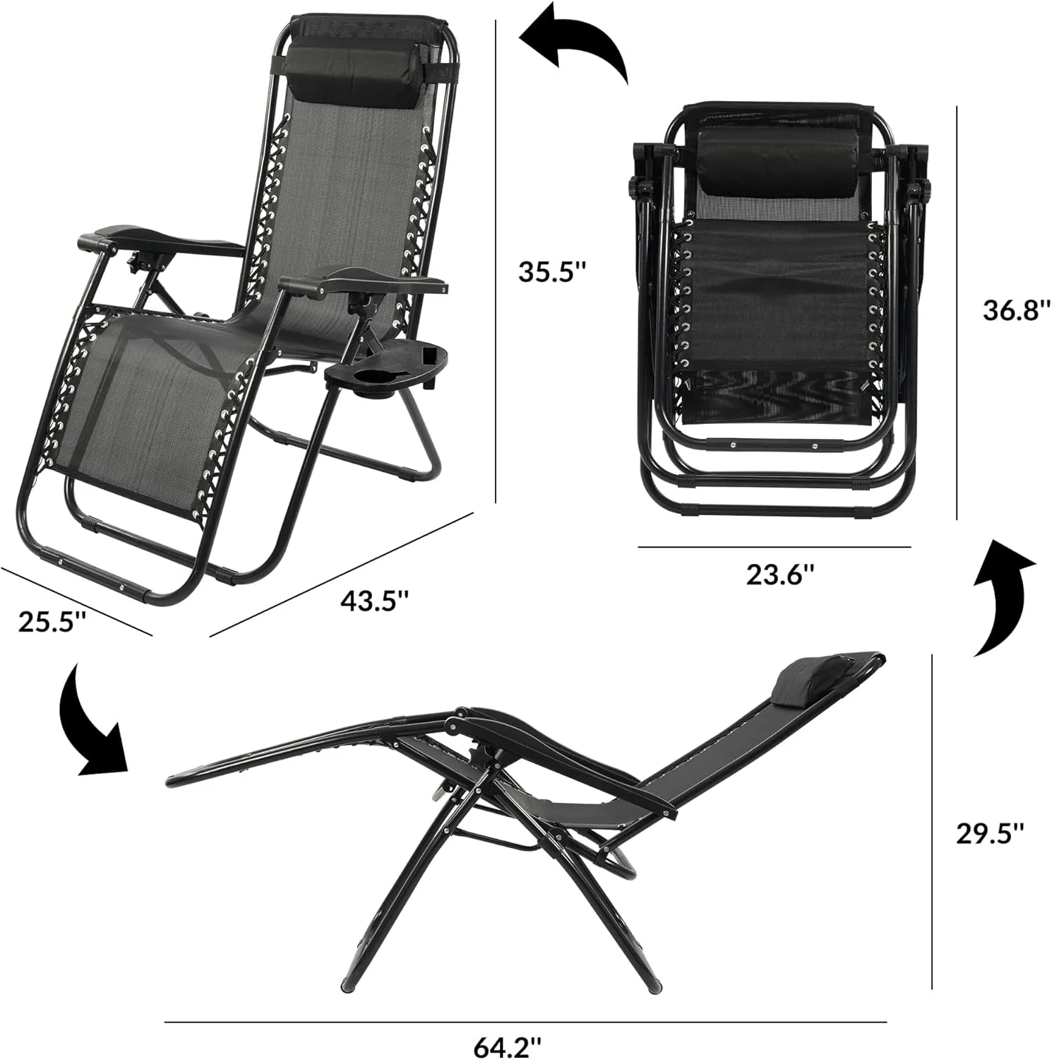 Zero Gravity Chair Set of 2 with Cup Holder & Removable Pillows, Adjustable Reclining Outdoor Patio Folding Chairs Portable Lounge Chair Furniture for Poolside, Lawn, Beach, Camping, Black
