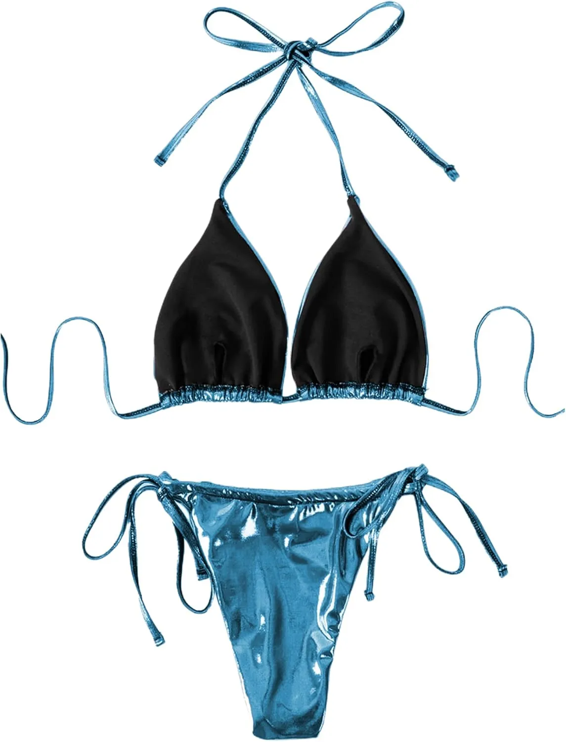 ZGMYC Women's 3 Piece Shiny Metallic Swimsuit Sexy Triangle Bikini Tie Side Thong Festival Outfit with Drawstring Mini Skirt