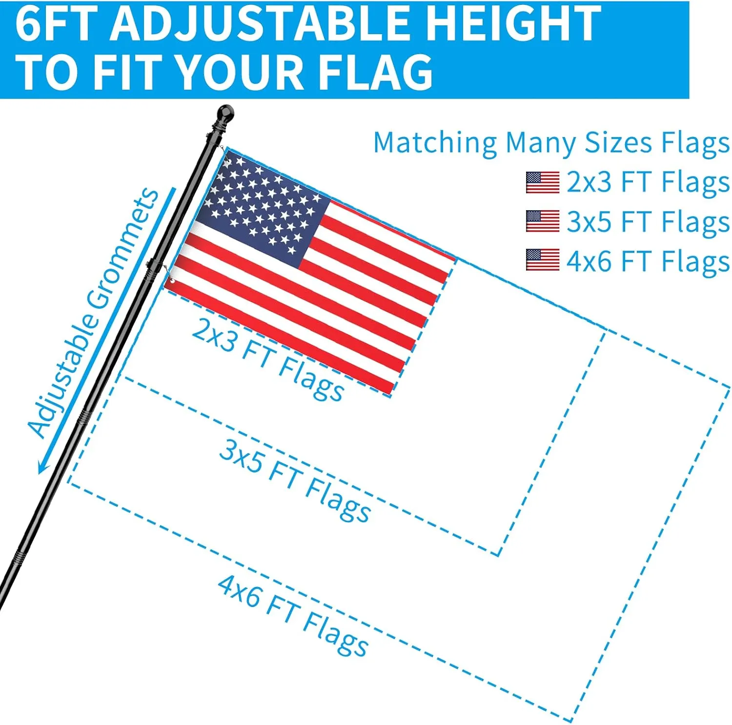 ZMTECH Flag Pole - Upgraded Bracket, 6 FT Stainless Steel Flag Poles for Outside House, Residential or Commerical, Tangle Free Flag Pole Kit for American Flag (Without Flag, Black)
